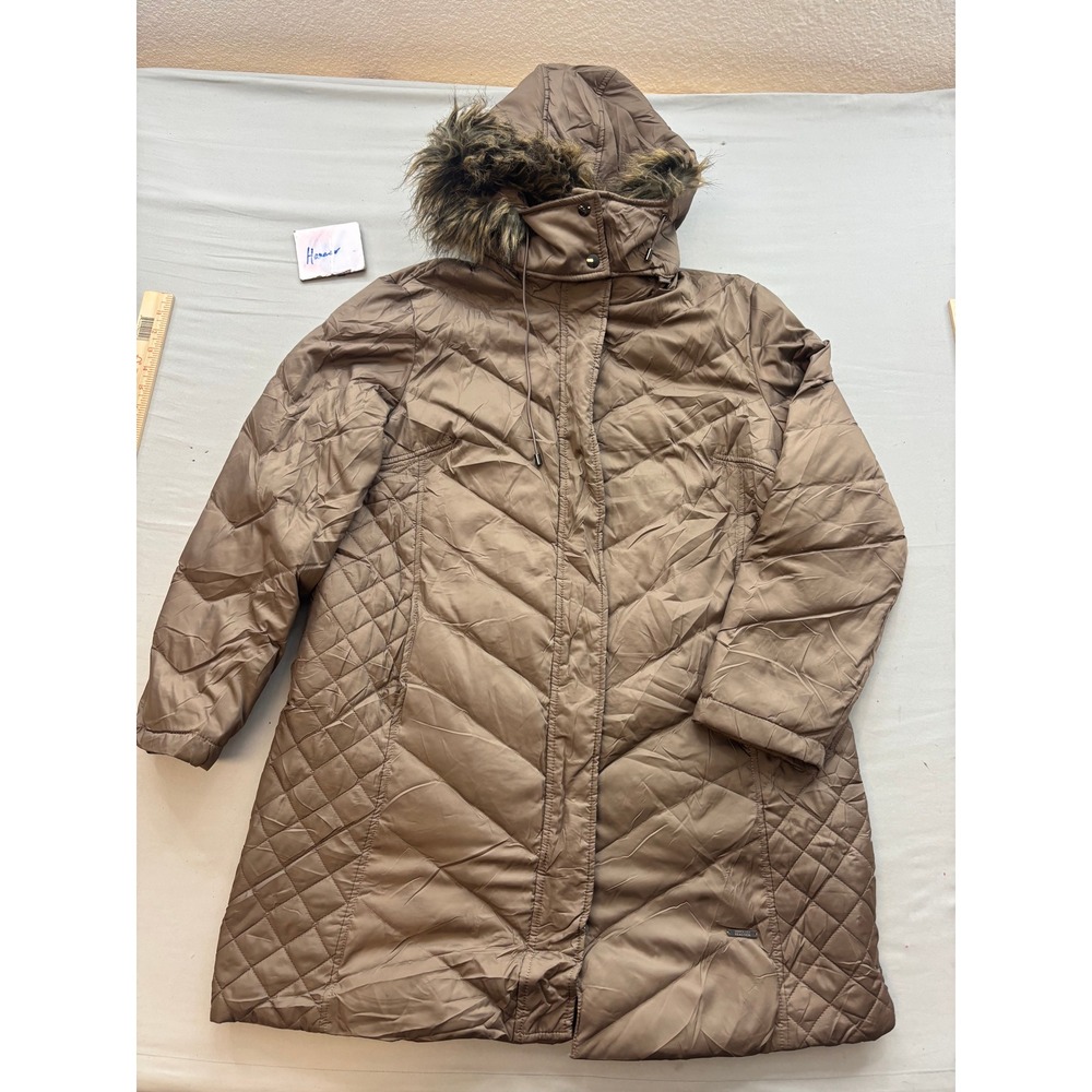 Kenneth Cole Reaction Brown Quilted Puffer Coat Faux Fur Hood XXL